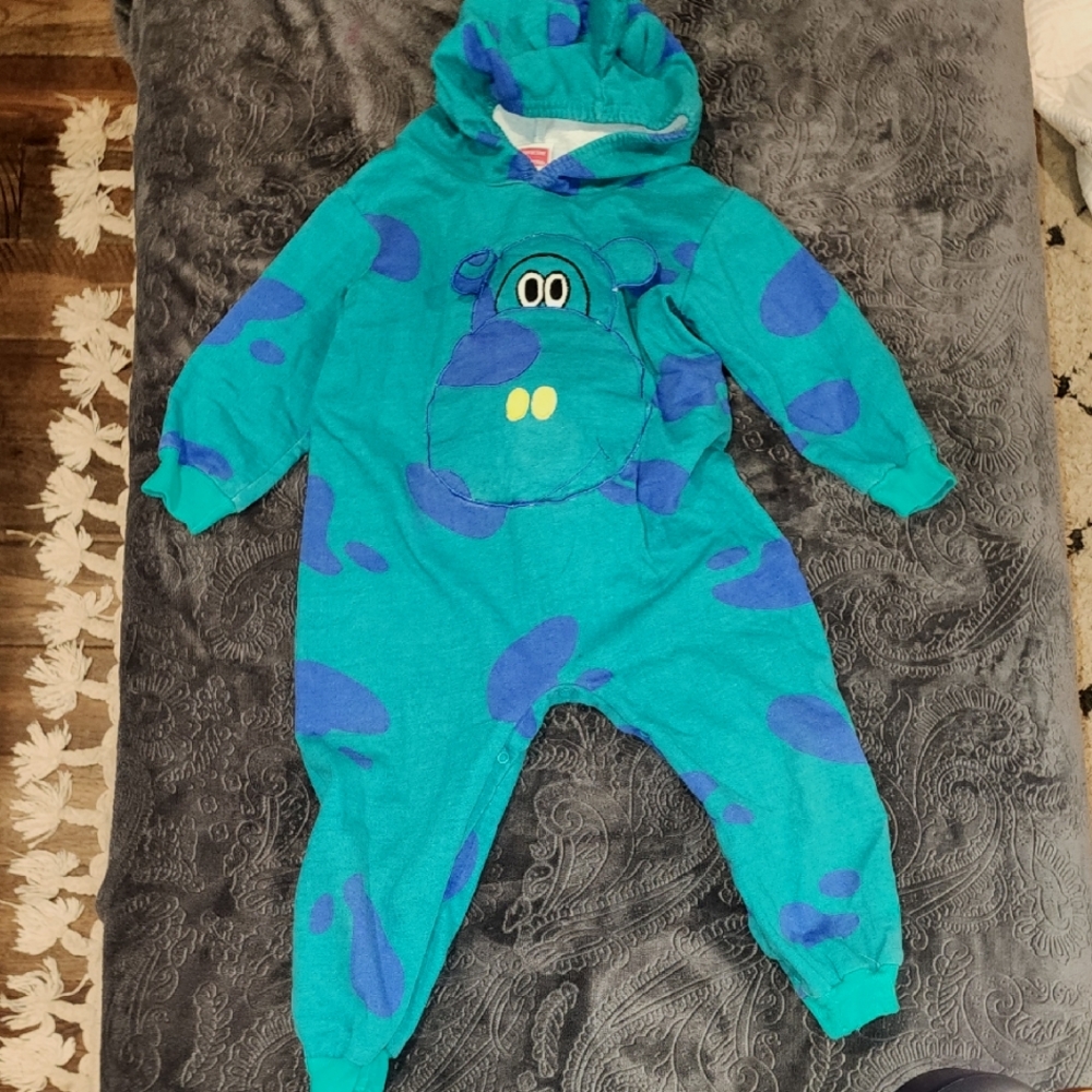 Cozy Blue and Green Footies with Hood and Cartoon Design